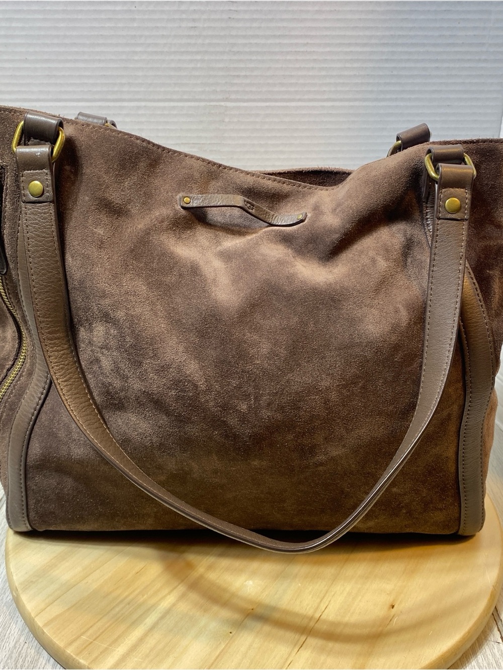 UGG Brown Suede Leather Shoulder Bag Tote Purse Zip Pocket Brass